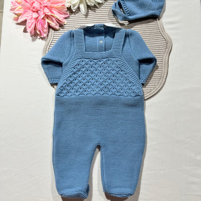 Conjunto jardineira para bebé em malha - 1/3M - Azul cobalto