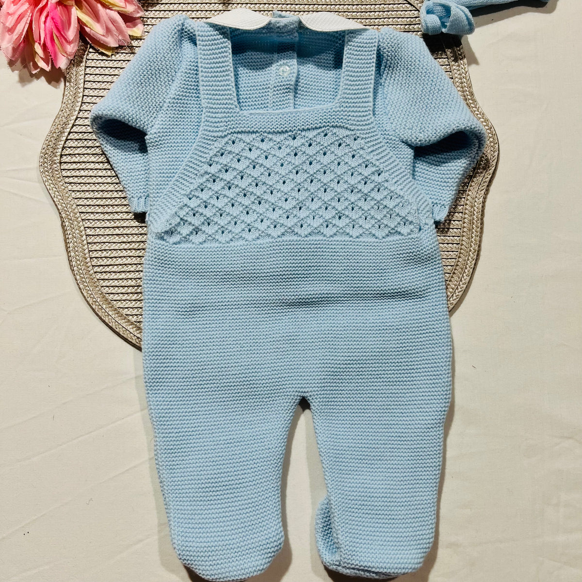 Conjunto jardineira para bebé em malha - 1/3M - Azul bebé