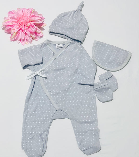 Conjunto primeira roupinha cinzento 100% algodão sem carda - 4 peças