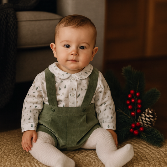 Conjunto  Rafael para bebé - Jardineira + camisa - 3 aos 12M - Verde seco