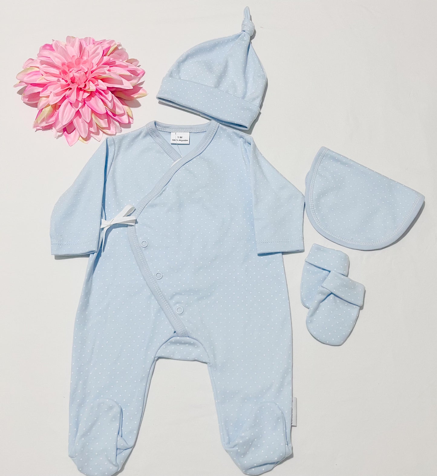 Conjunto primeira roupinha azul em 100% algodão sem carda - 4 peças