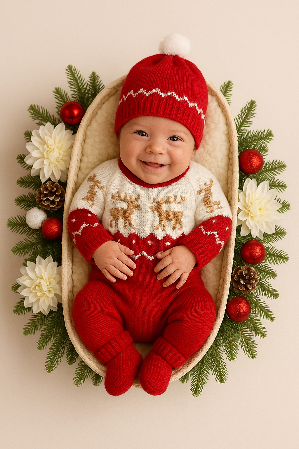 Conjunto bebé - Macacão, botas e gorro de malha