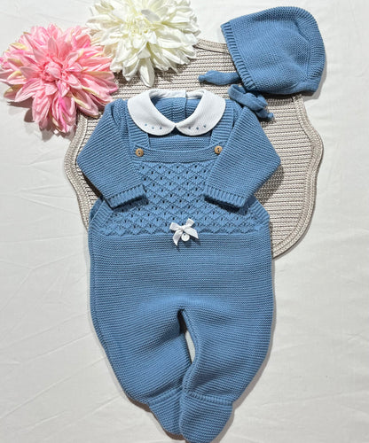 Conjunto jardineira para bebé em malha - 1/3M - Azul cobalto