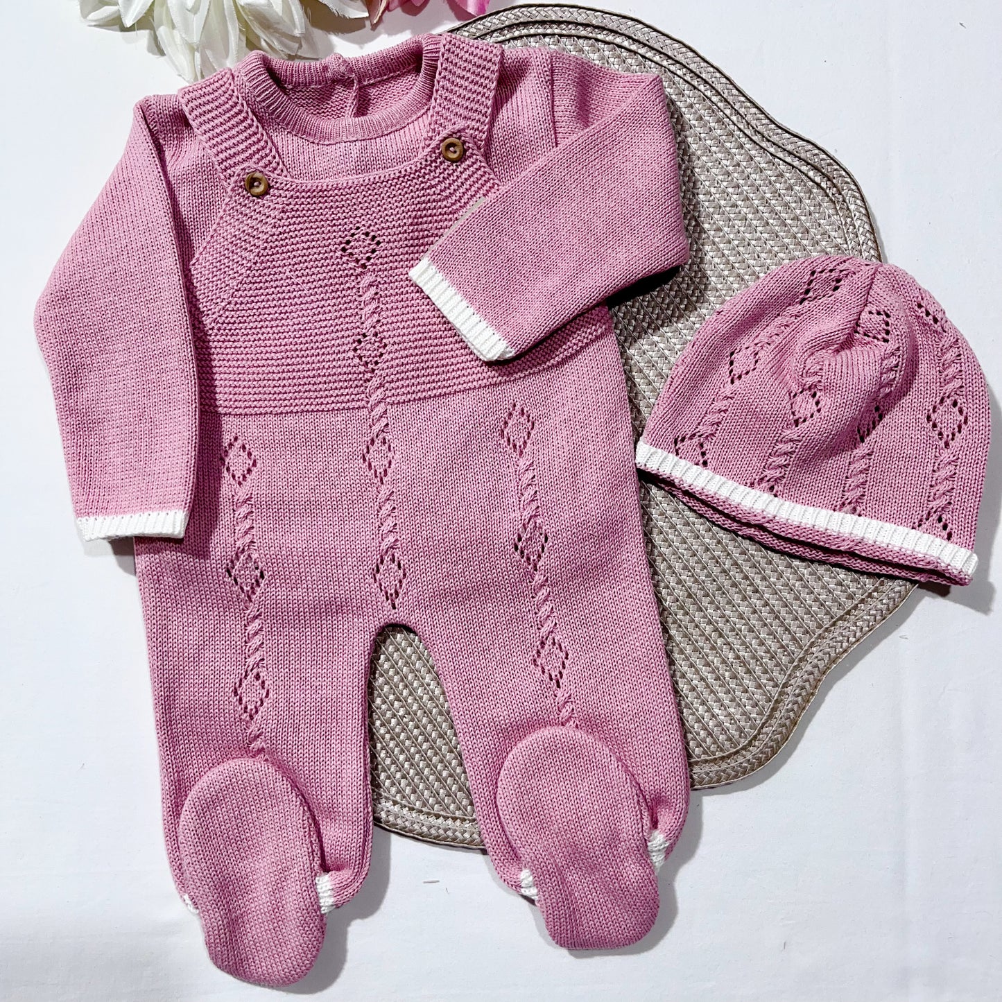 Conjunto de bebé em malha 100% algodão - 3 peças Rosa velho