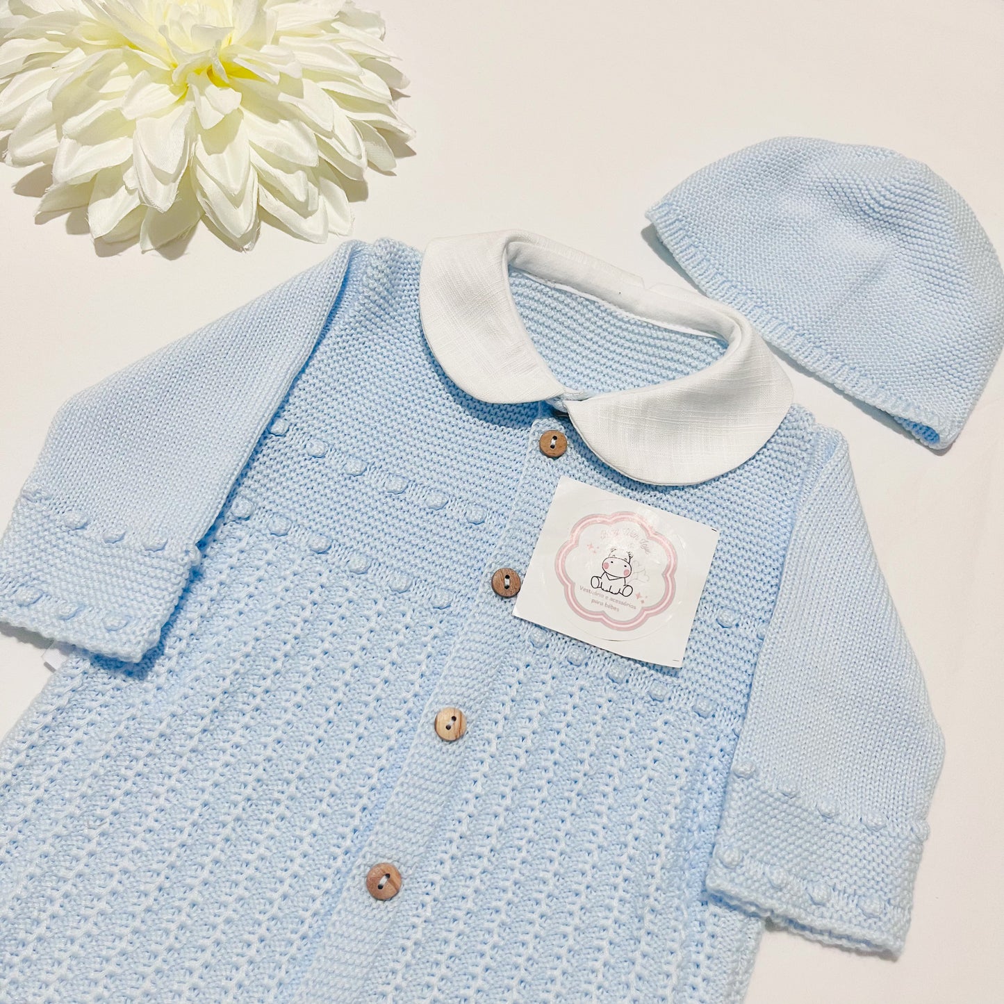 Conjunto de bebé em 100% algodão, macacão e gorro malha