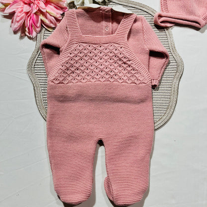 Conjunto jardineira para bebé em malha - 1/3M - Rosa velho