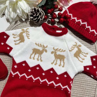 Conjunto bebé - Macacão, botas e gorro de malha