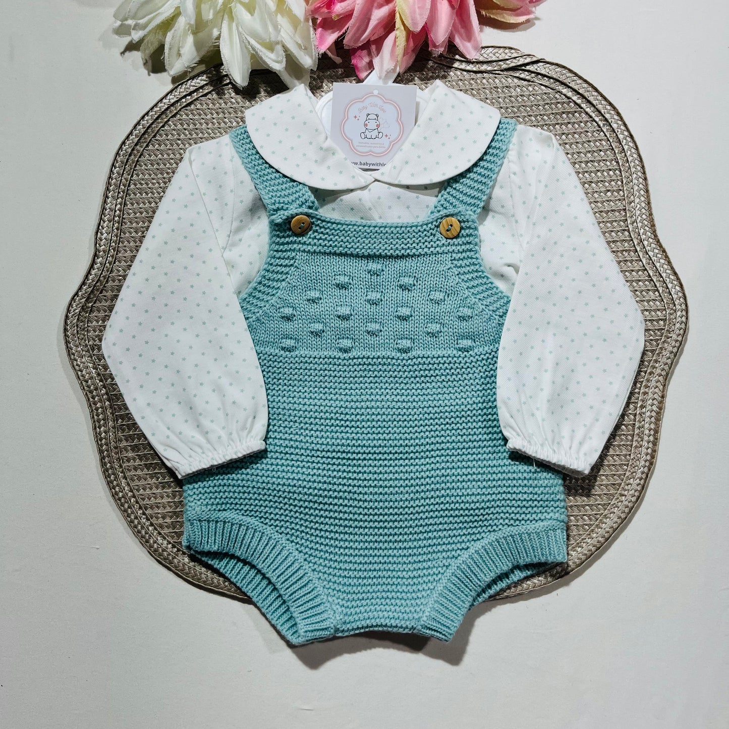 Conjunto Love  - Fofo de malha e camisa algodão para bebé - 1 aos 6M - Verde água