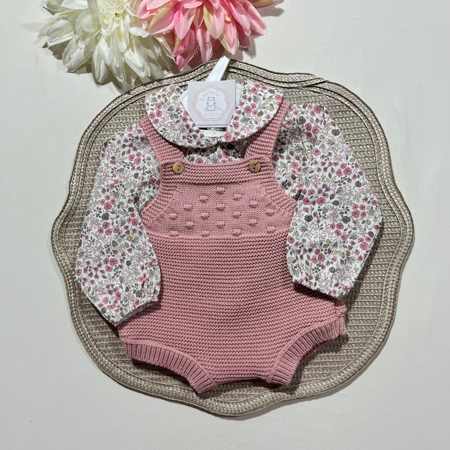 Conjunto Love  - Fofo de malha e camisa algodão para bebé - 1 aos 6M - Rosa velho