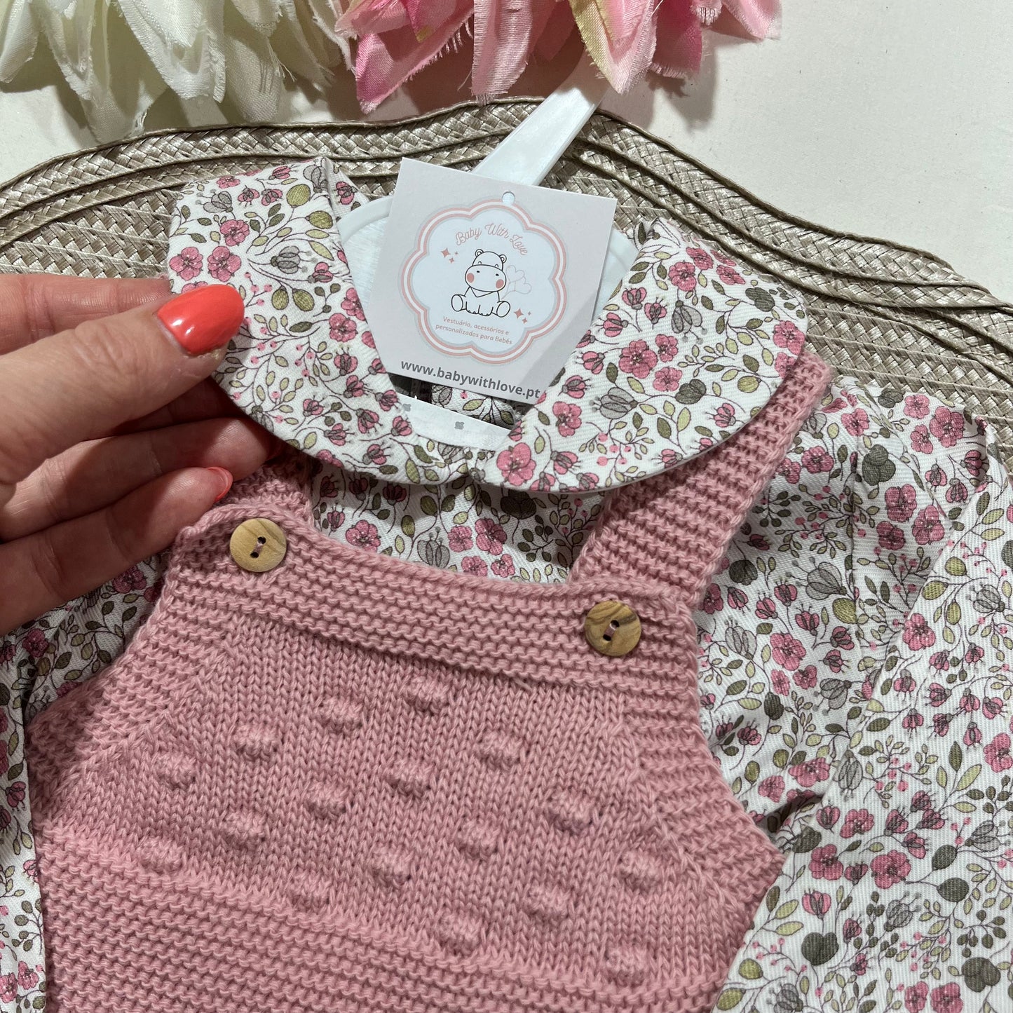 Conjunto Love  - Fofo de malha e camisa algodão para bebé - 1 aos 6M - Rosa velho