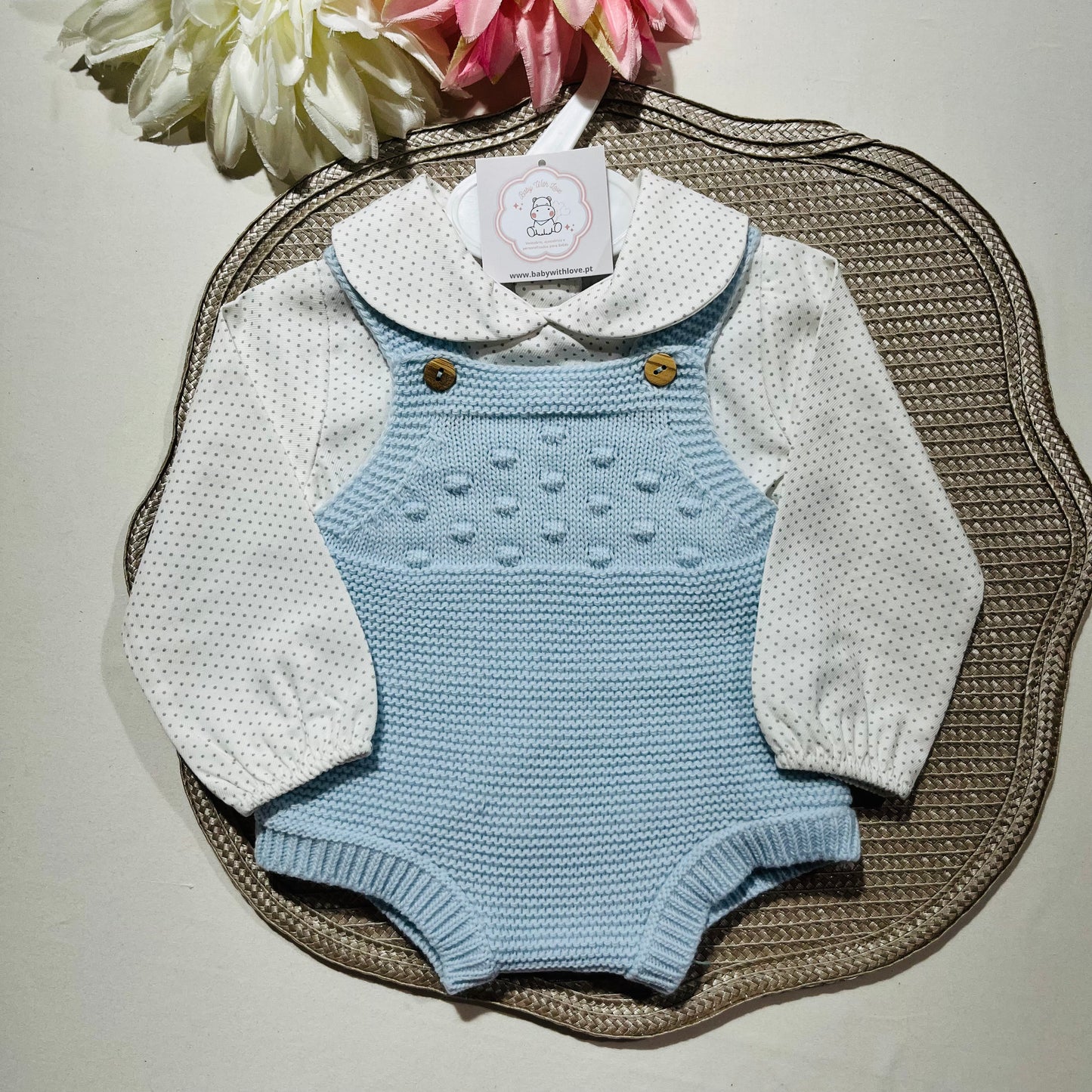 Conjunto Love  - Fofo de malha e camisa algodão para bebé - 1 aos 6M - Azul bebé
