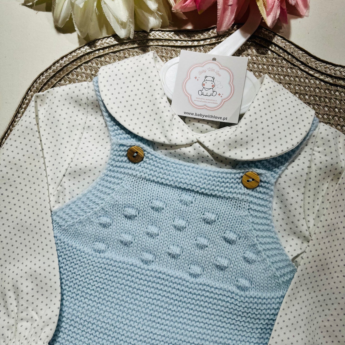 Conjunto Love  - Fofo de malha e camisa algodão para bebé - 1 aos 6M - Azul bebé