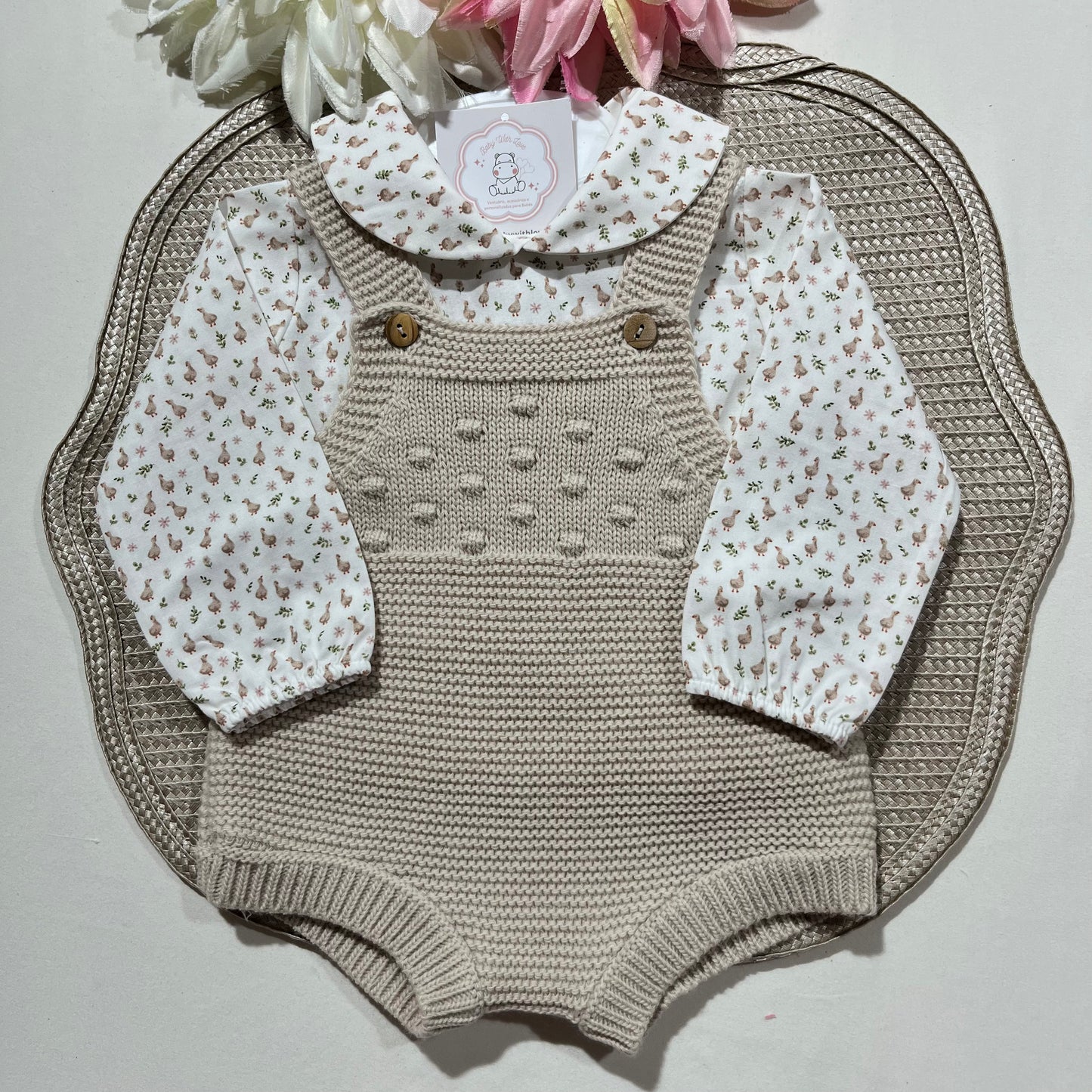 Conjunto Love  - Fofo de malha e camisa algodão para bebé - 1 aos 6M - Areia