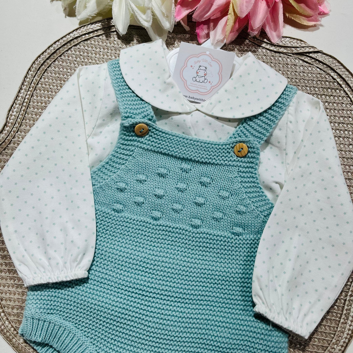 Conjunto Love  - Fofo de malha e camisa algodão para bebé - 1 aos 6M - Verde água