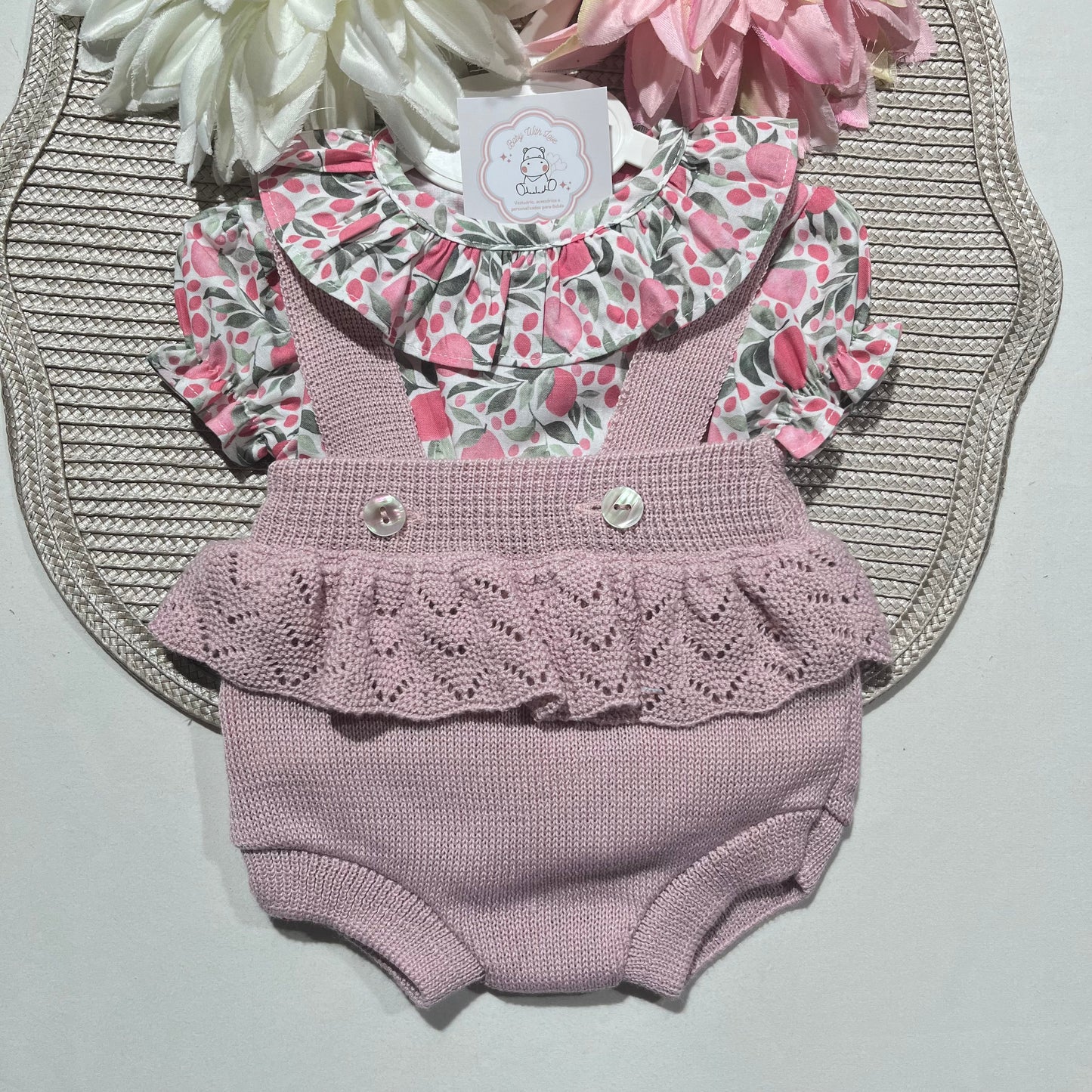Conjunto Liz - fofo + camisa para bebé - 0 aos 12M - Rosa velho