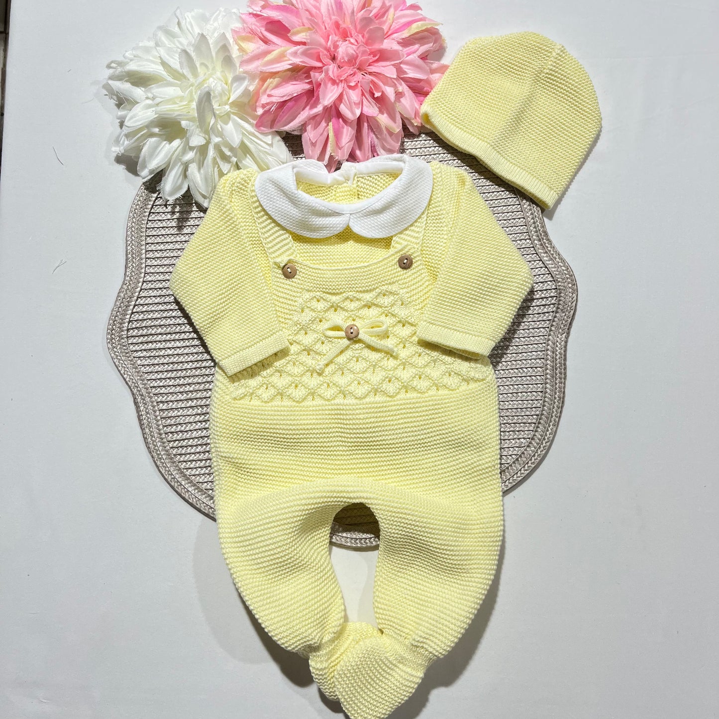 Conjunto jardineira em algodão para bebé - 3 peças -Amarelo bebé