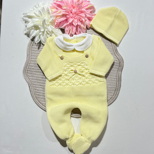 Conjunto jardineira em algodão para bebé - 3 peças -Amarelo bebé