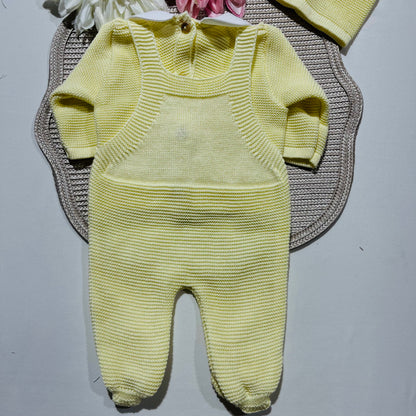 Conjunto jardineira em algodão para bebé - 3 peças -Amarelo bebé