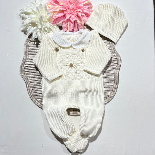 Conjunto jardineira em algodão para bebé - 3 peças - Pérola