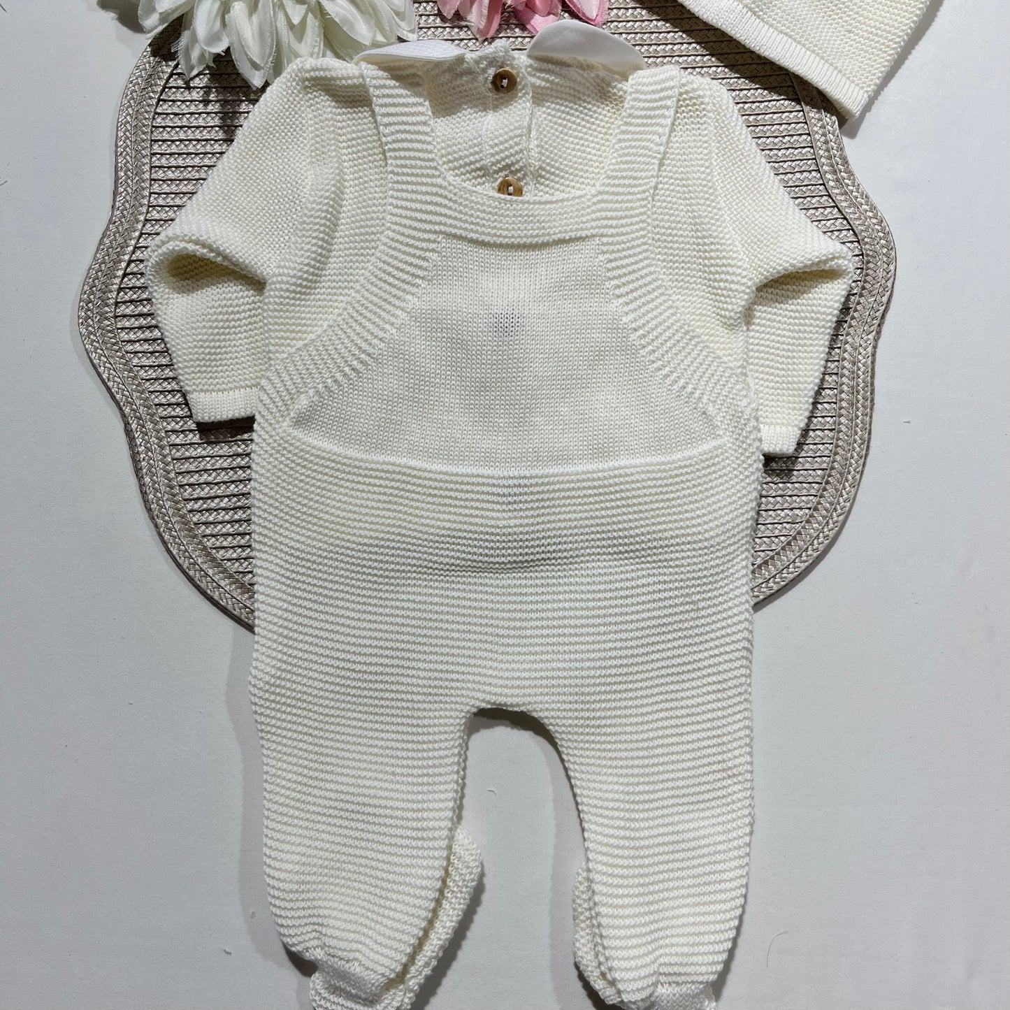 Conjunto jardineira em algodão para bebé - 3 peças - Pérola