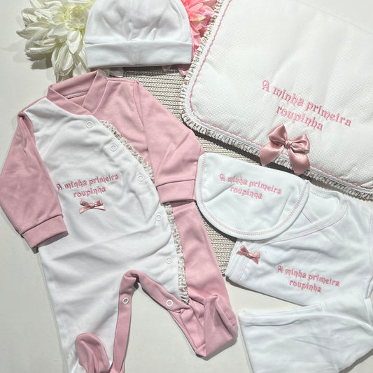 Primeira roupinha em algodão para recém-nascido - Rosa velho- Flor