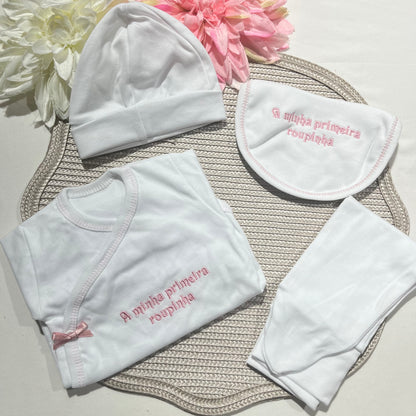 Primeira roupinha em algodão para recém-nascido - Rosa velho- Flor