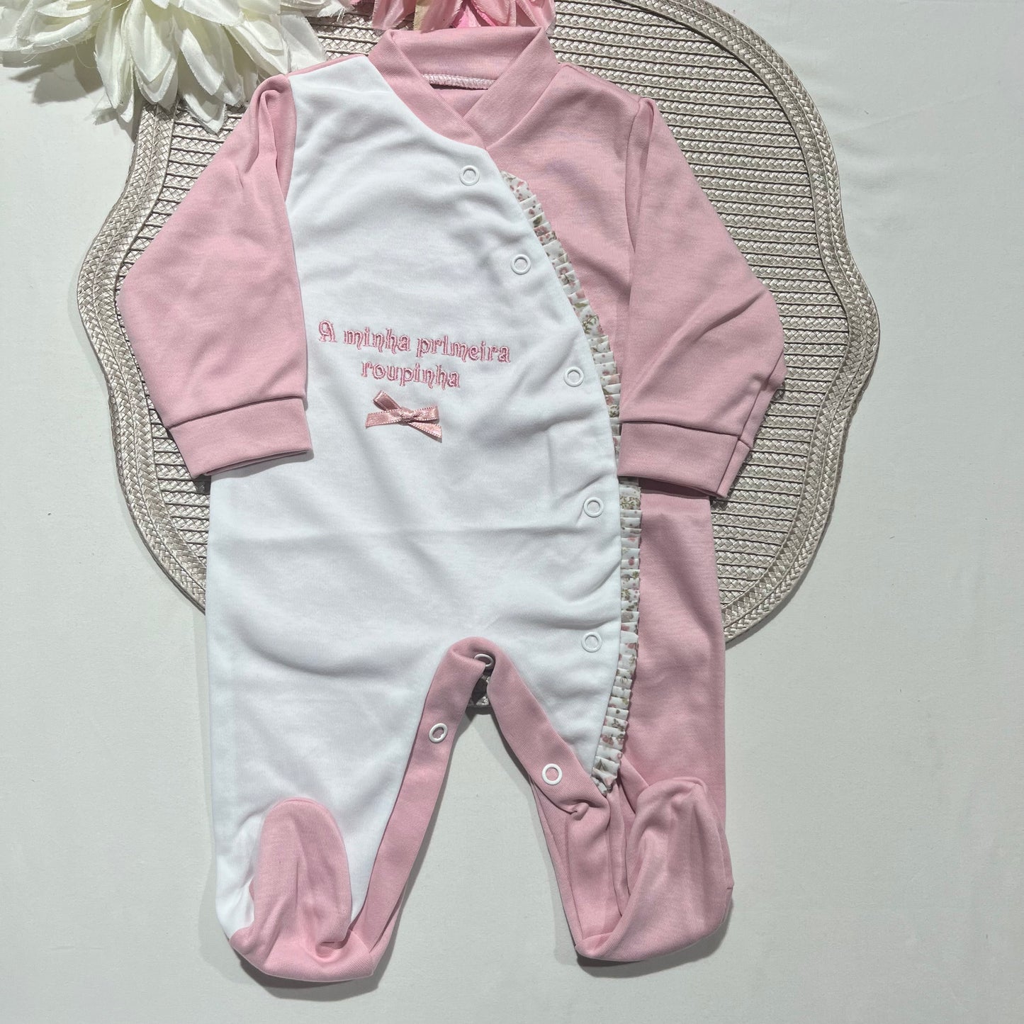 Primeira roupinha em algodão para recém-nascido - Rosa velho- Flor