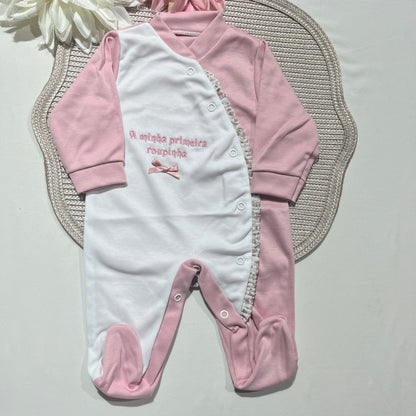 Primeira roupinha em algodão para recém-nascido - Rosa velho- Flor