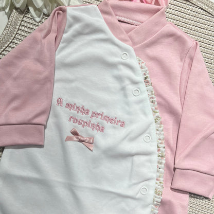 Primeira roupinha em algodão para recém-nascido - Rosa velho- Flor