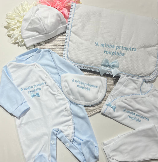 Primeira roupinha em algodão para recém-nascido - Azul - Risquinhas