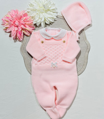Conjunto jardineira para bebé em malha - 1/3M - Rosa bebé