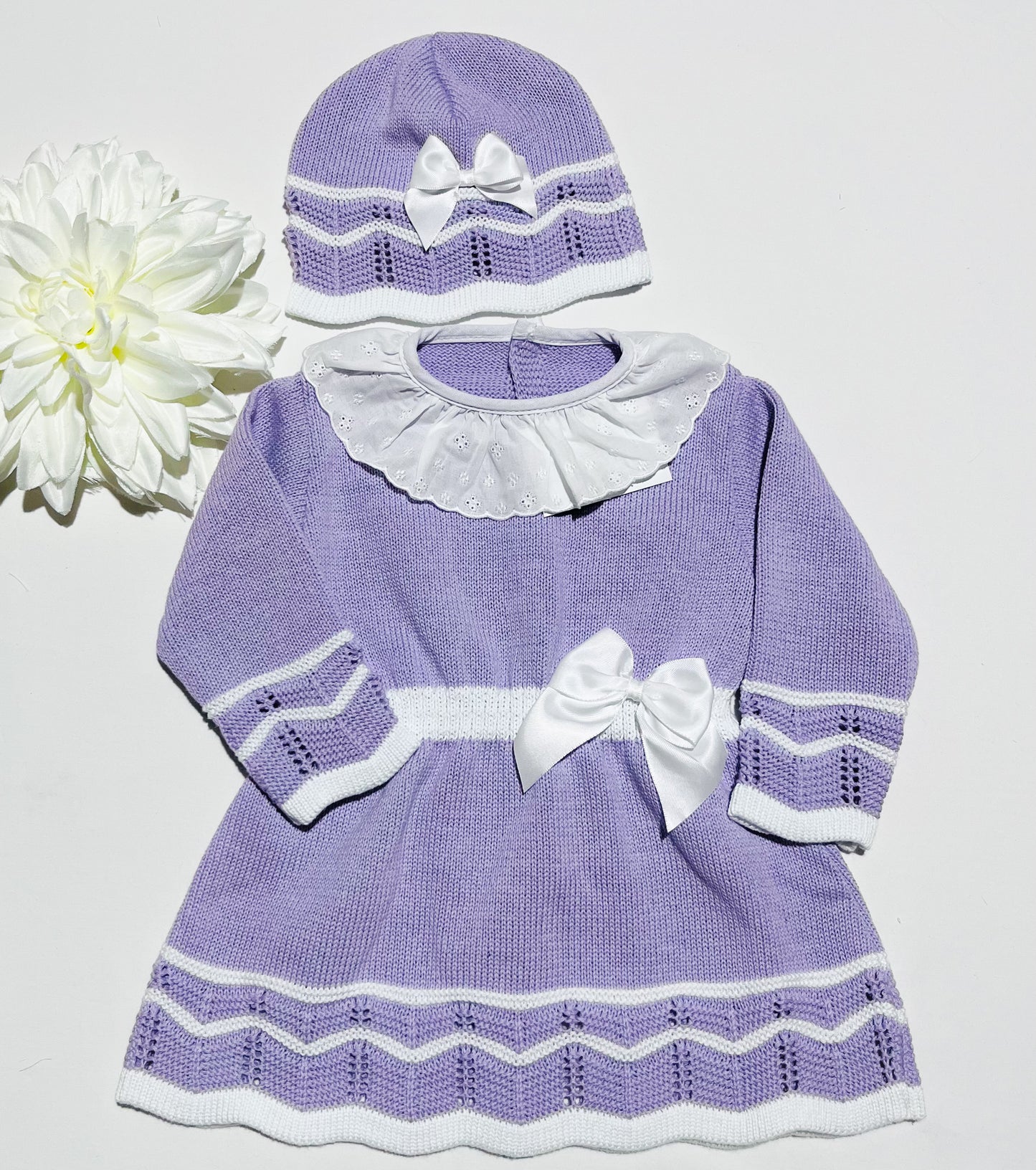 Conjunto de vestido e gorro para bebé em malha - 100% algodão - Lavanda