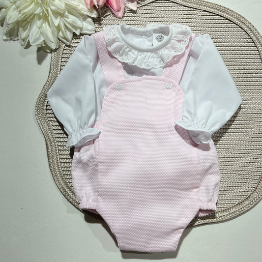 Conjunto Pique-  Jardineira + Camisa  - 1/3M - Rosa bebé