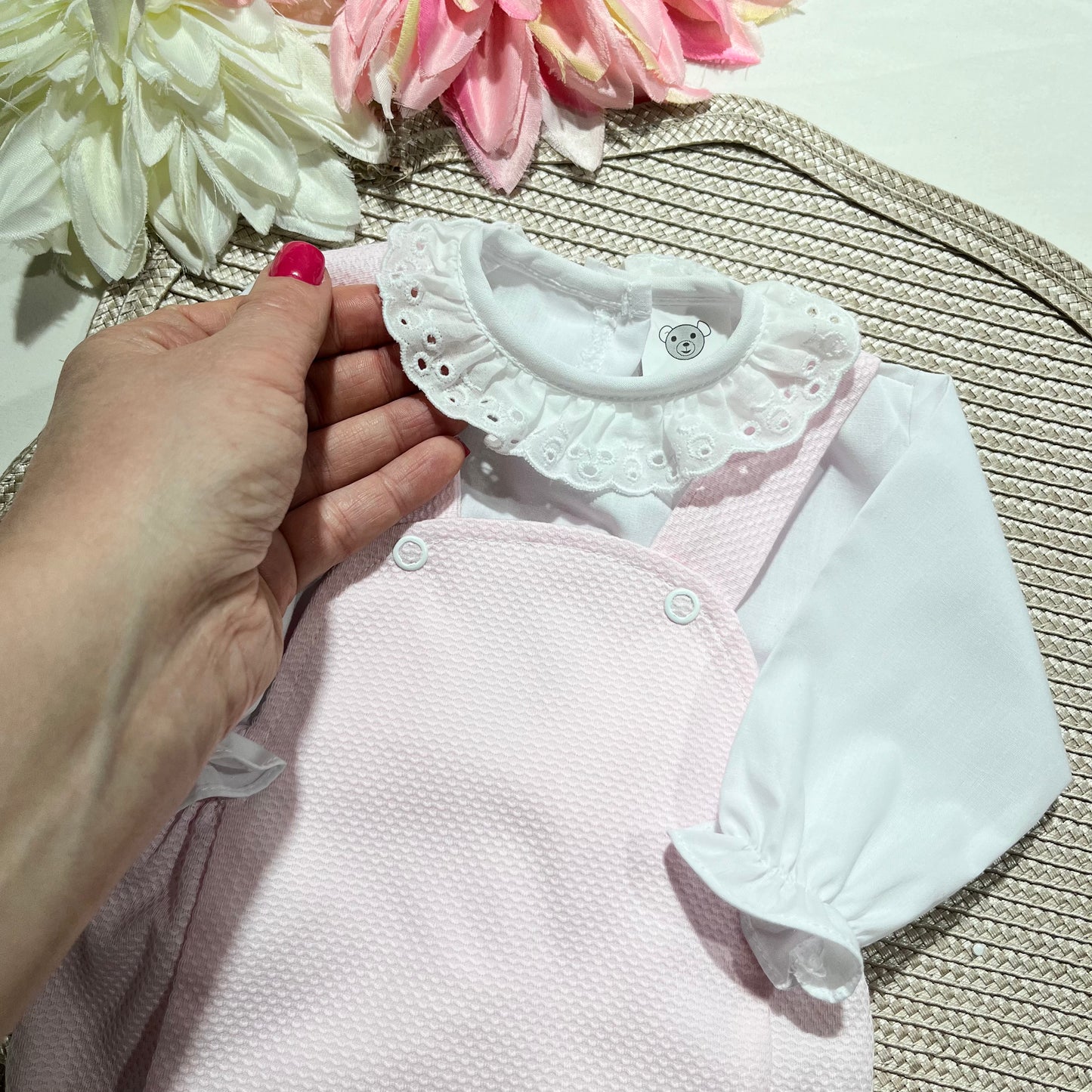 Conjunto Pique-  Jardineira + Camisa  - 1/3M - Rosa bebé