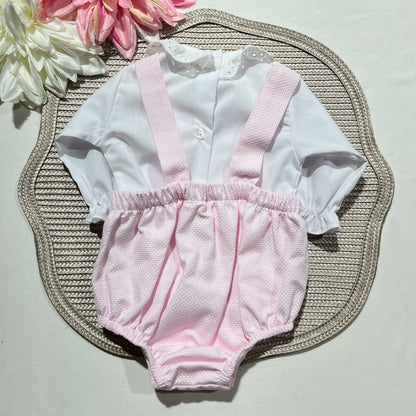 Conjunto Pique-  Jardineira + Camisa  - 1/3M - Rosa bebé