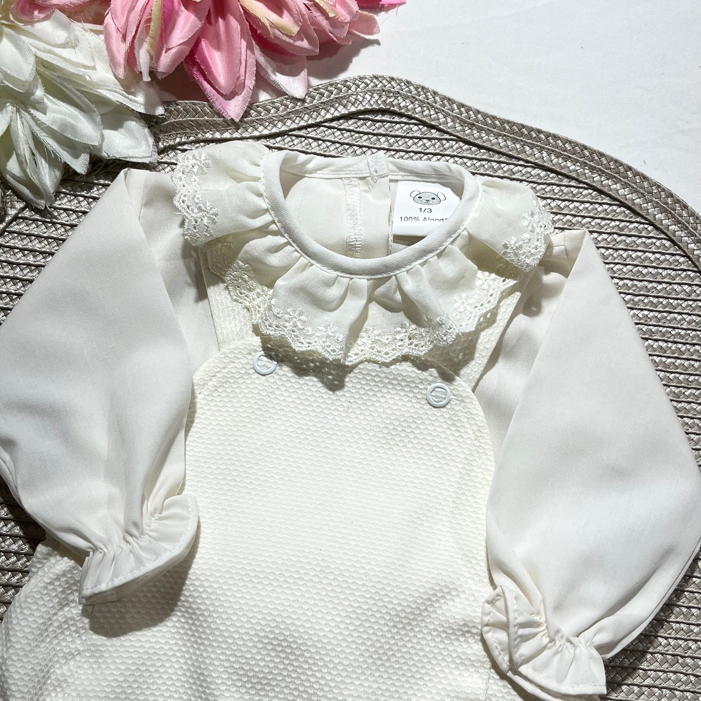 Conjunto Pique-  Jardineira + Camisa  - 1/3M - Pérola