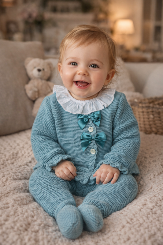 Conjunto Tricot com blusa Plumeti - Verde água - 6 e 12M