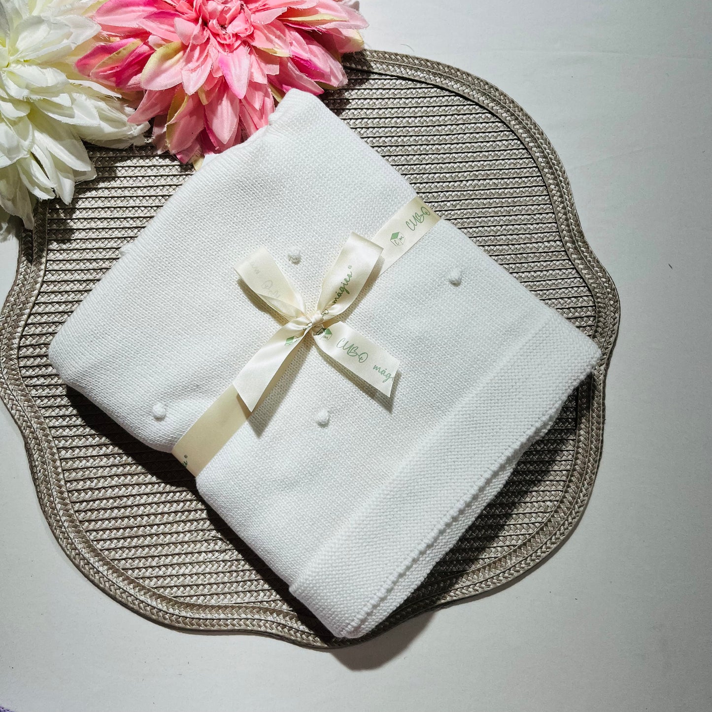 Manta de malha pompom bebé - 100% algodão - Com ou Sem personalização