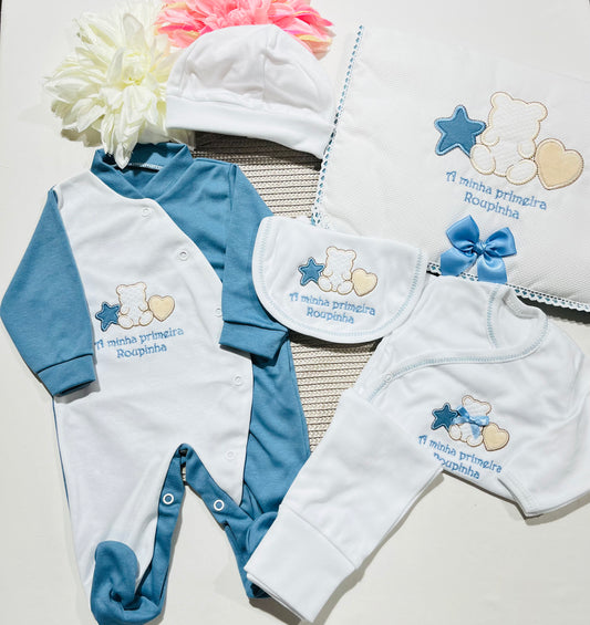 Primeira roupinha em algodão para recém-nascido - Azul cobalto- Urso
