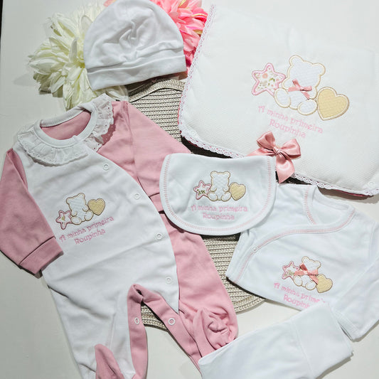 Primeira roupinha em algodão para recém-nascido - Rosa velho- Urso
