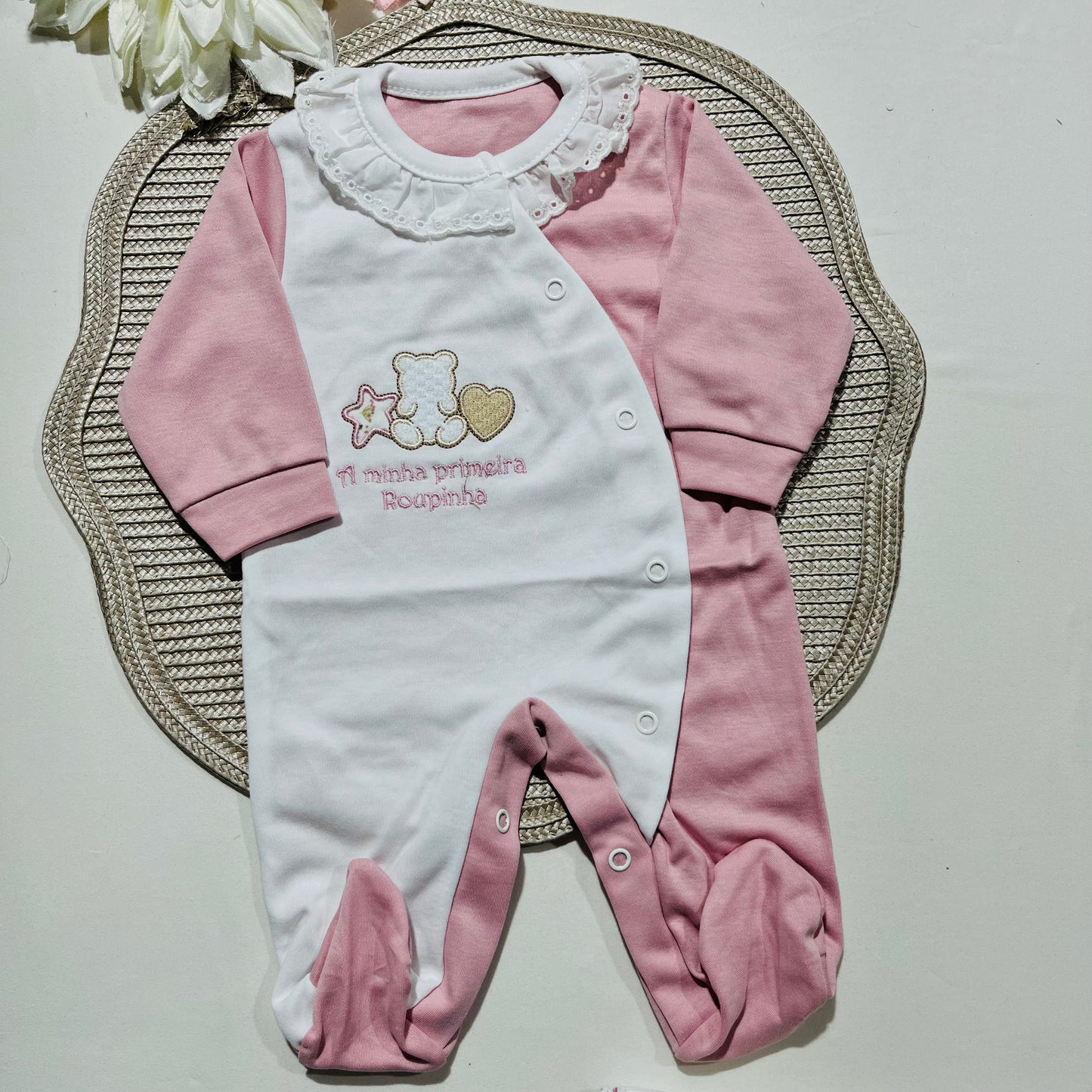 Primeira roupinha em algodão para recém-nascido - Rosa velho- Urso