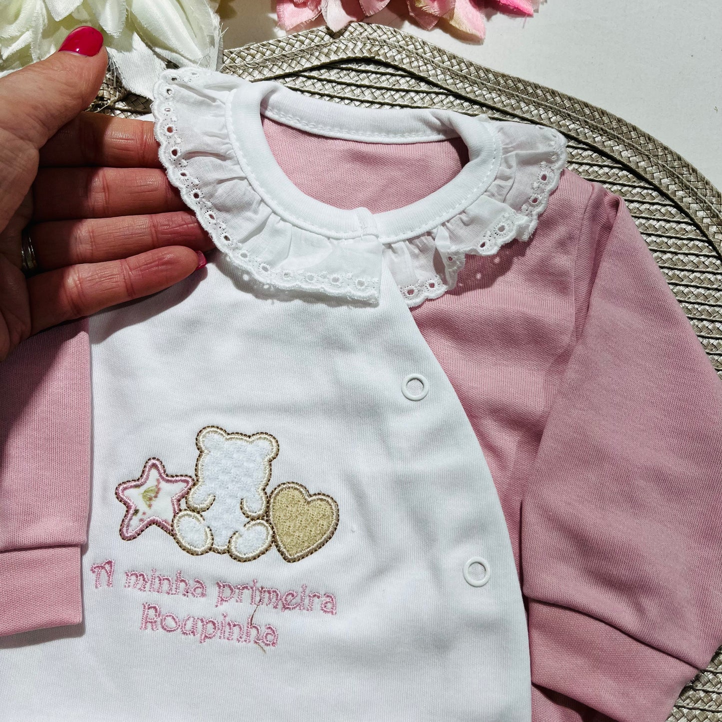 Primeira roupinha em algodão para recém-nascido - Rosa velho- Urso