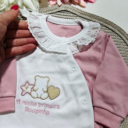 Primeira roupinha em algodão para recém-nascido - Rosa velho- Urso