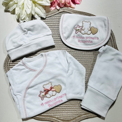 Primeira roupinha em algodão para recém-nascido - Rosa velho- Urso