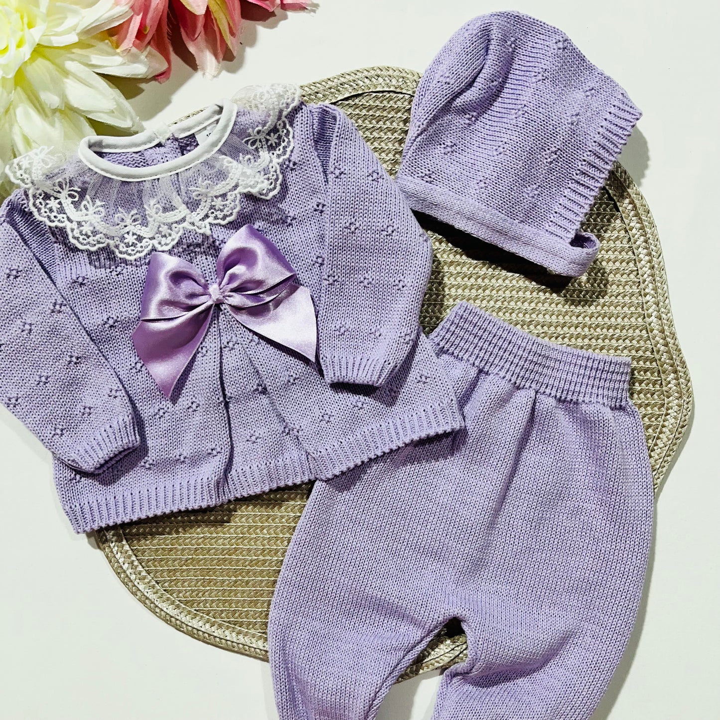 Conjunto de bebé, camisola, calça e touca - 100% algodão - Lavanda