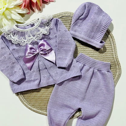 Conjunto de bebé, camisola, calça e touca - 100% algodão - Lavanda