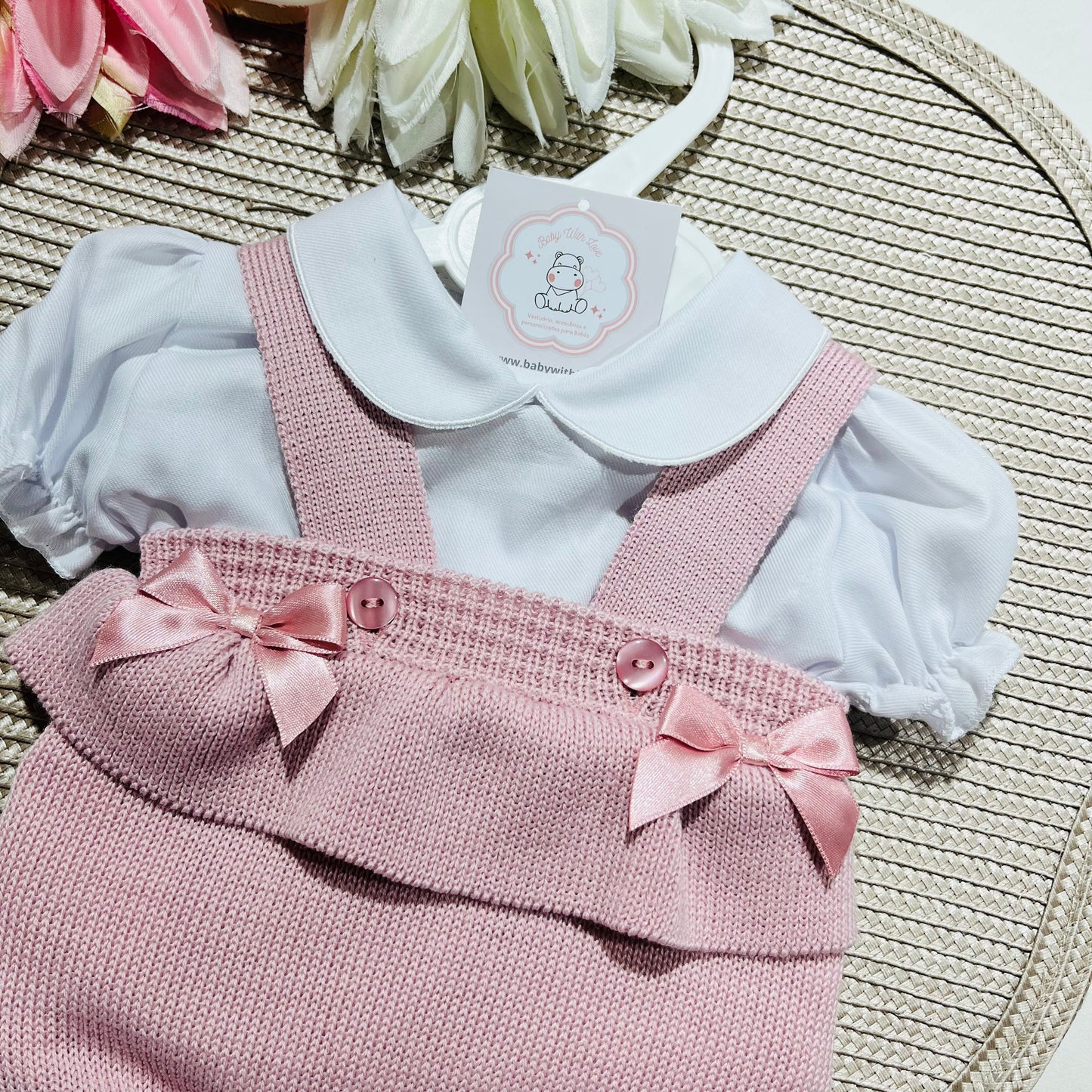 Conjunto Laura - fofo + camisa para bebé - 0 aos 12M - Rosa velho