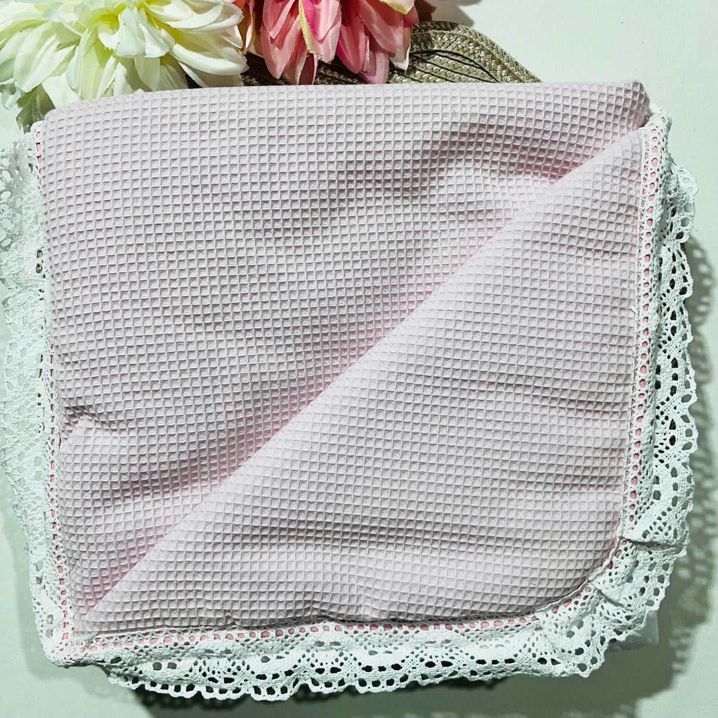 Manta wafle de bebé com renda - 100% algodão  - várias cores - Com ou Sem personalização