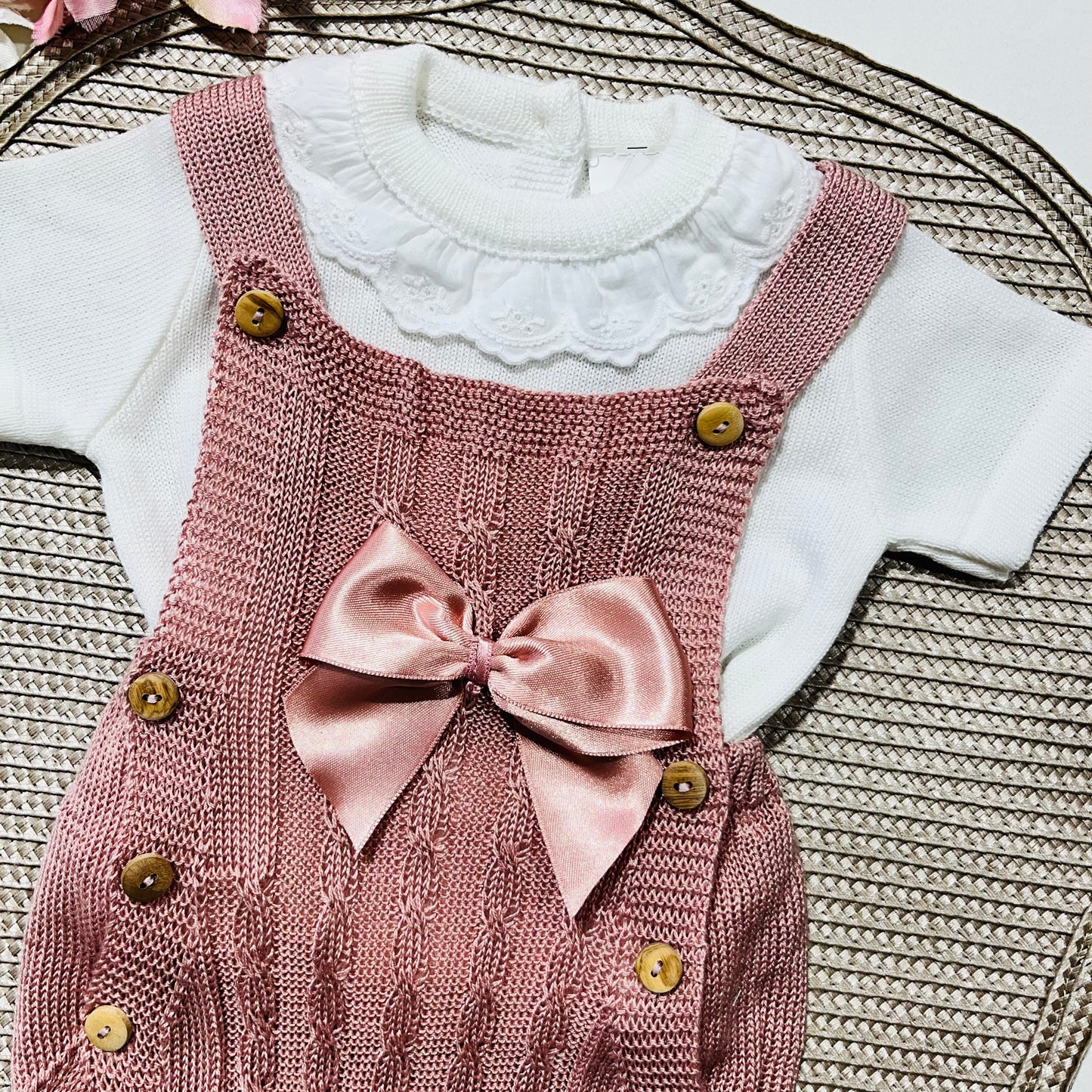 Conjunto saída de maternidade para bebé - Conjunto Laço de bebé em malha - Rosa velho - 2 peças