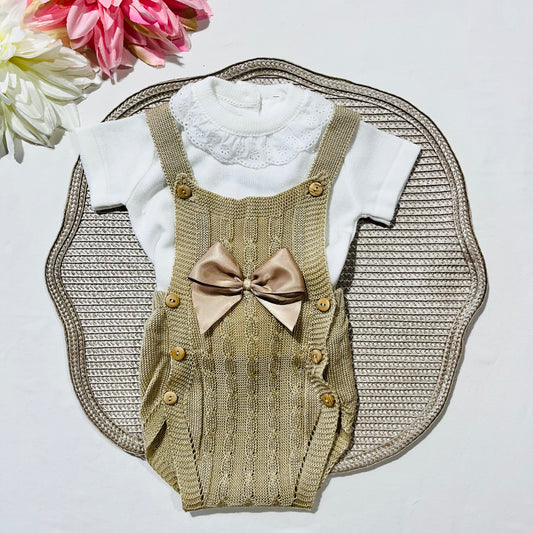 Conjunto saída de maternidade para bebé - Conjunto Laço de bebé em malha - Areia - 2 peças